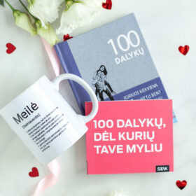 Valentino dienos rinkinys:  Puodelis „Meilė“ + 100 dalykų, dėl kurių tave myliu +100 dalykų, ką turėtų būti padariusi kiekviena pora